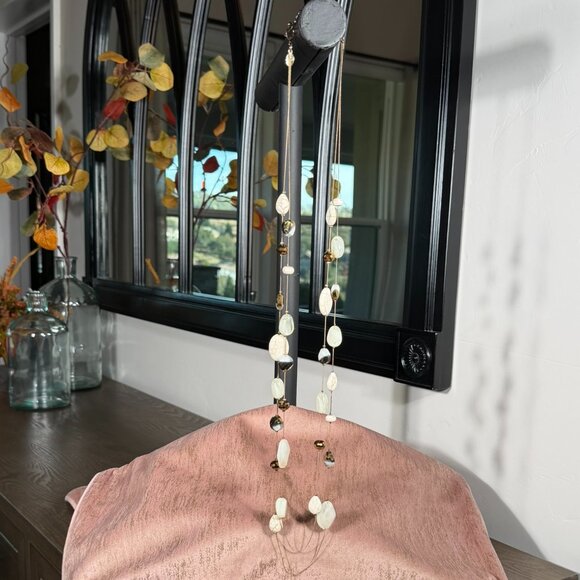 Boho Statement Necklace • Layered Long Beaded Design • Natural Stone & Gold-Tone - Picture 2 of 5